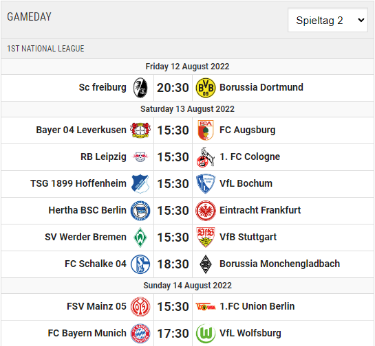 Bundesliga Timetable